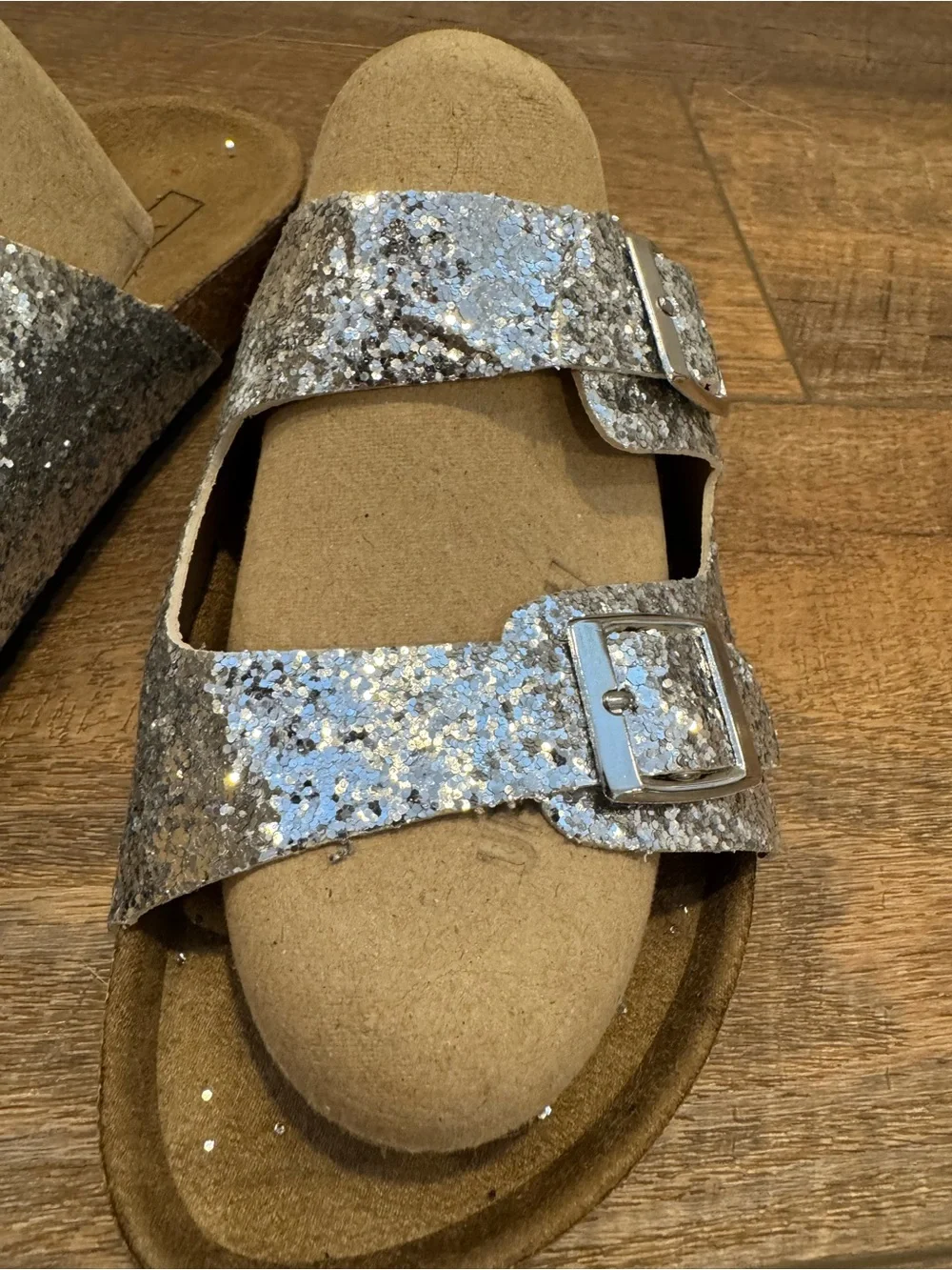 Yoki Silver Glitter Double-Buckle Slide Sandals Tan Cork-Style Soles Size 8.5